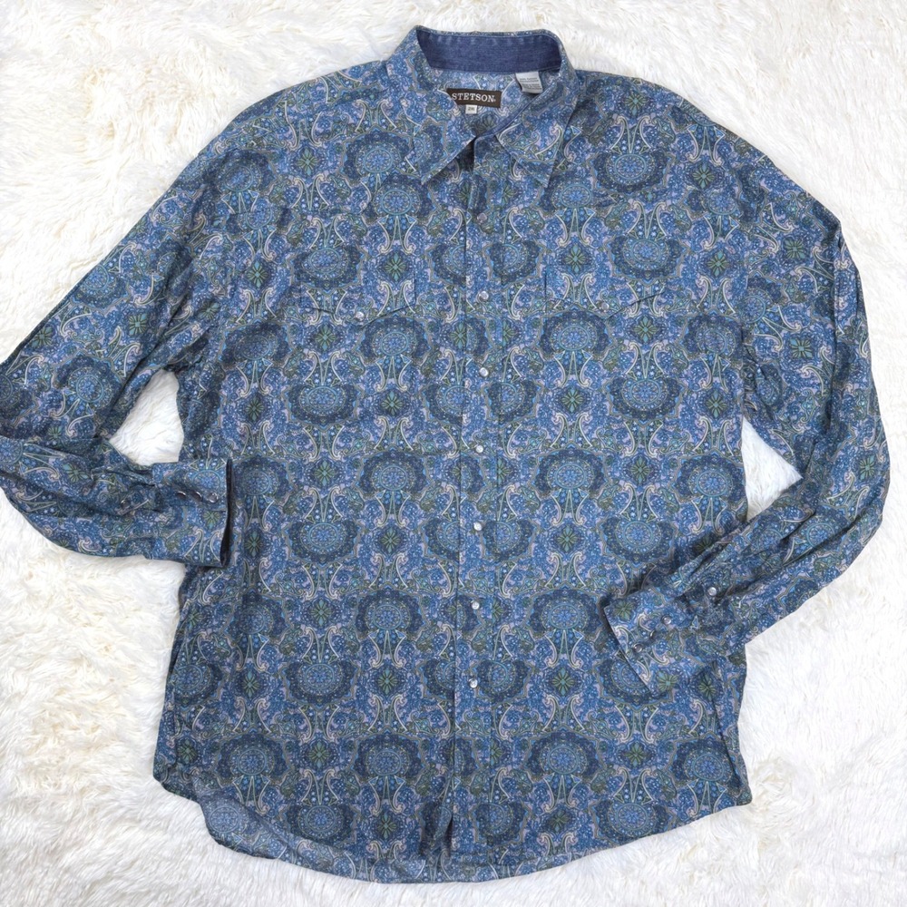 Stetson Western Snap Shirt Mens 2XL Blue Paisley Long Sleeve Pearl Snap Cotton